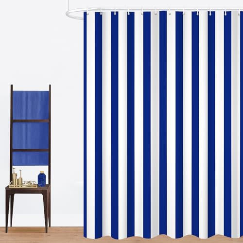 GCIREC Rideau de Douche, 90x180cm, Bleu et Blanc Minimalisme Moderne Rayures Verticales Tissu Pmperméable Machine Lavable Rideau de Salle de Bain avec Crochets
