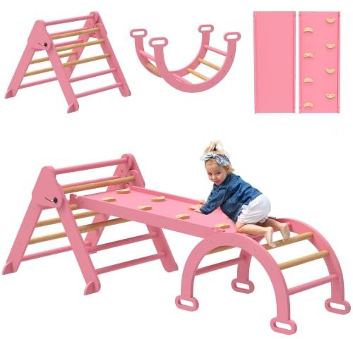 AIYAPLAY 7-in-1 Montessori Klettergerüst Indoor, Faltbar, Rosa | Holz Kletterdreieck mit Rutsche, Bogen, Spielplatz für Kinder von 1,5-4 Jahre
