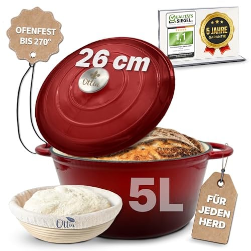 Ottia Gusseisen Topf brot backen [inkl. Gärkorb] - Emaille Topf 26cm - Dutch Oven, Brotbackform, Brotbacktopf, Schmortopf Bräter mit Deckel, Bratentopf - auch für Induktion, Händler aus HH, Rot