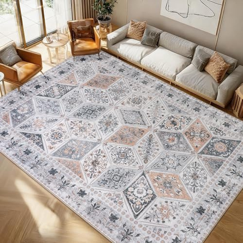 Calinline Beige Großer Vintage Kurzflor Teppich Wohnzimmer, 200x300 cm | Boho Waschbarer Teppich, Rutschfester Schlafzimmer Teppiche, Geometrisch Rauten Muster Carpet für Esszimmer Büro Küche