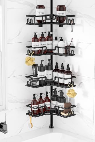 HAMITOR Etagere Douche Sans Percage: Étagère Douche Télescopique Angle Pour Petite Salle De Bain & Locataires – 4 Niveaux Inox Grande Capacité Pour Toute Famille – Lg Réglable 119-312 CM, NOIR