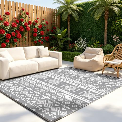 AUAUY Outdoor Teppich 150x240 cm, Kunststoff, Wendbar, Boho, Gräulich-weiß | Faltbar, Waschbar, UV-beständig, Picknickdecke für den Outdoor-Bereich, für Terrasse Balkon Garten Wohnzimmer