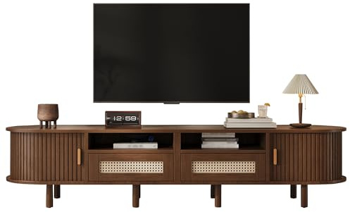 RAPRAP TV Schrank Holz, 170 cm Braun TV Lowboard für Fernseher bis zu 70 Zoll, Rattan Fernsehschrank mit 2 Rattan Design Schubladen,2 Schiebetür, TV-Tisch für Wohnzimmer Schlafzimmer (170cm C)