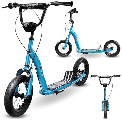 HyperMotion Kinder Scooter 5+ Blau Pumpen Räder 12 Zoll Einstellbare Lenker Handbremsen Breite Podest Stahlkonstruktion bis 50 kg