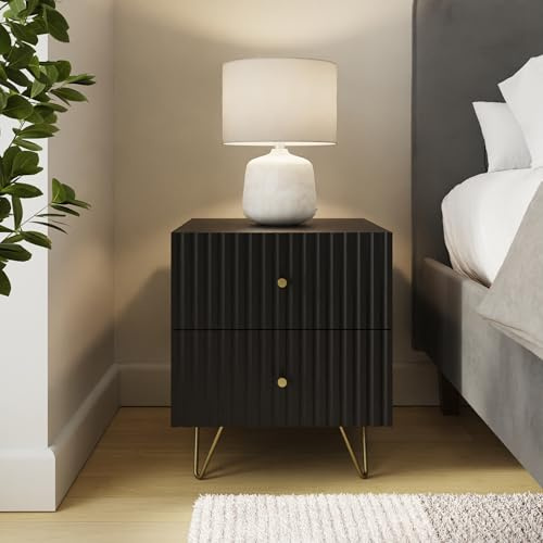 GFW Thalia 2 Drawer Bedside Table with Ribbed Front, Modern Nightstand with Brass Hairpin Legs for Bedroom Storage, Contemporary Side Table