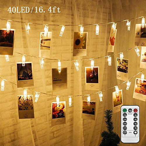 Twinkle Star Christmas Card Holder, 5m 40 LED Photo Clips String Lights Battery Operated Remote Control Photo Fairy Lights with Clips Peg Lights for Hanging Pictures, Cards, Artwork, Warm White