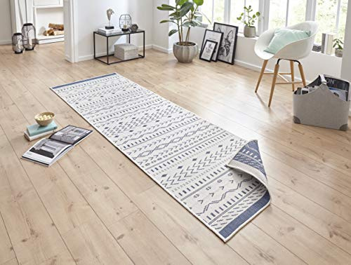 bougari Outdoor Rug Flat Weave Reversible Cuba Rug (80 x 250 cm, 100% Polypropylene, Durable and Easy to Clean, UV and Moisture Resistant, Suitable for Underfloor Heating) Blue/Cream