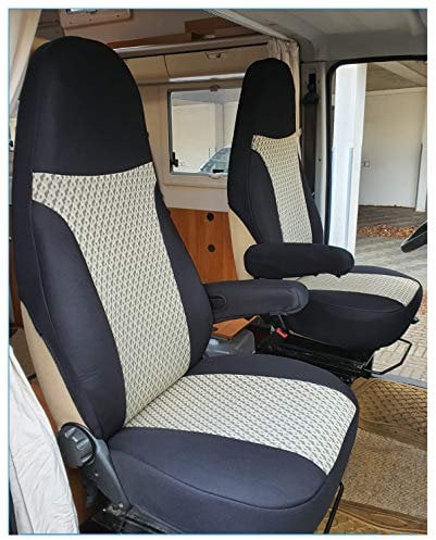 Maß Sitzbezüge Schonbezüge Pilotsitze Fahrer & Beifahrer Set kompatibel mit Wohnmobil FIAT Ducato 812 Schwarz/Beige