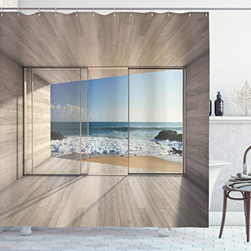 ABAKUHAUS Ozean Duschvorhang, Mit Blick auf Meer Wellen Rock, Stoffliches Gewebe Badezimmerdekorationsset mit Haken, 175 x 180 cm, Beige Blau Weiß