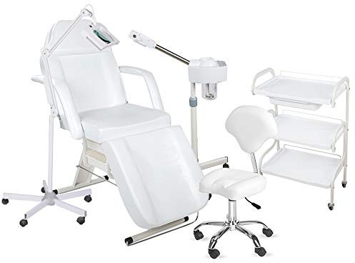 900202a Kosmetikkabine Liege Bedampfer Lupenlampe Arbeitsstuhl Beistelltisch Salon weiß