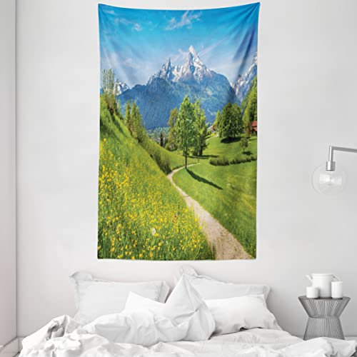 ABAKUHAUS Berg Wandteppich und Tagesdecke, Frühlingslandschaft in den Alpen aus Weiches Mikrofaser Stoff Waschbar ohne Verblassen Digitaldruck, 140 x 230 cm,Lindgrün