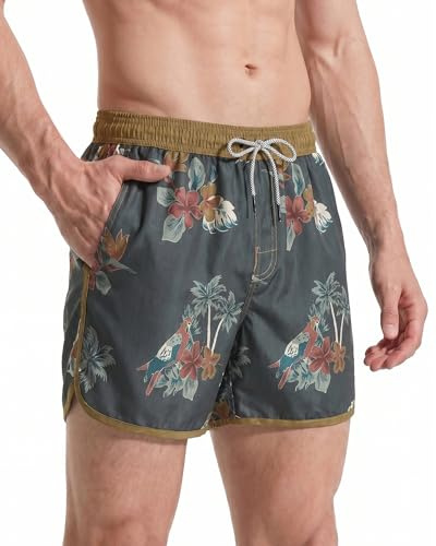 MaaMgic Men's Swimming Trunks Quick Dry Fit Performance Surfing Short Pockets, Parrot Coconut Tree, Small ( Waist:30-32 )