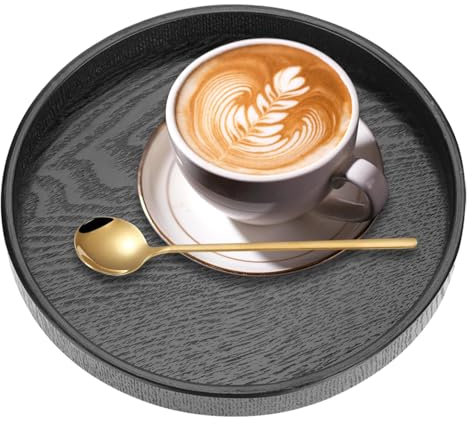 Agatige Black Round Serving Tray, Wooden Snack Food Meals Tea Trays Decorative Tray Tableware Non Slip Bar Drinks Food Serving Tray for Coffee Table Party Hotel(21CM)