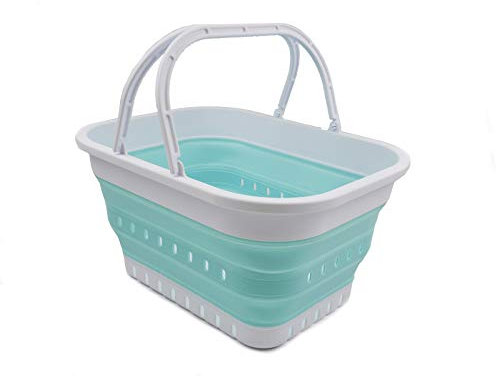 SAMMART Bassine pliable de 19 l avec poignée - Panier de pique-nique/cratère portable en plein air - Sac de courses pliable - Boîte de rangement peu encombrante (1, blanc/vert lac)