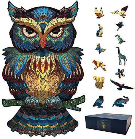 Owl Wooden Jigsaw, Owl Puzzles Toys Unique Shaped Mysterious Animal Puzzle Games for Adults with Storage Box 100 Pieces