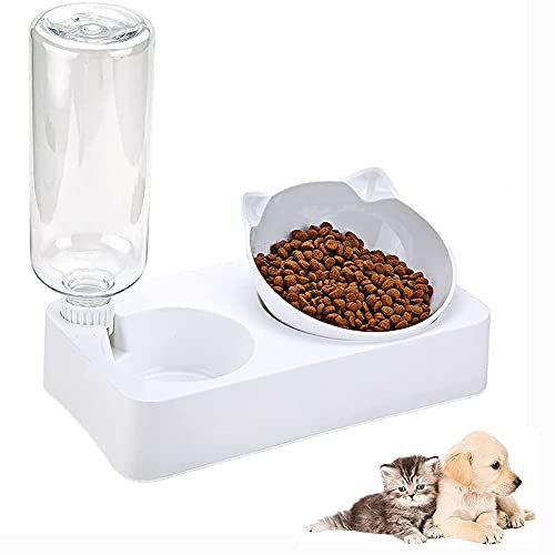 Ensemble Bol D'eau Nourriture, Gamelle Chat Surélevée, 2 en 1 Gamelle Chat, Ajustable Gamelle Chat Chien avec Distributeur d'Eau Automatique Inclinaison 15° pour Petits Chiens, Chats, Blanc, Résine