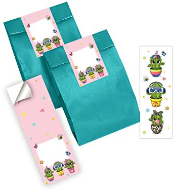 12 Lesezeichen + 12 Geschenktüten (Petrol) + 12 Aufkleber Kaktus Mitgebsel Gastgeschenk beim Kindergeburtstag Mädchen Jungen