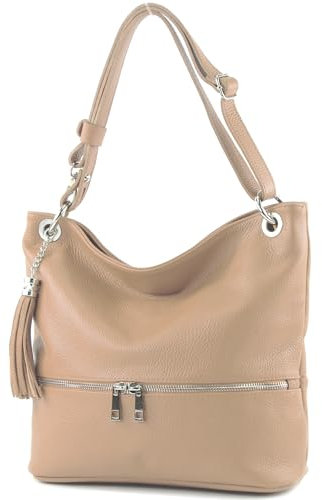 modamoda de - T143 - ital. Leder Schultertasche Umhängetasche, Farbe:Beige