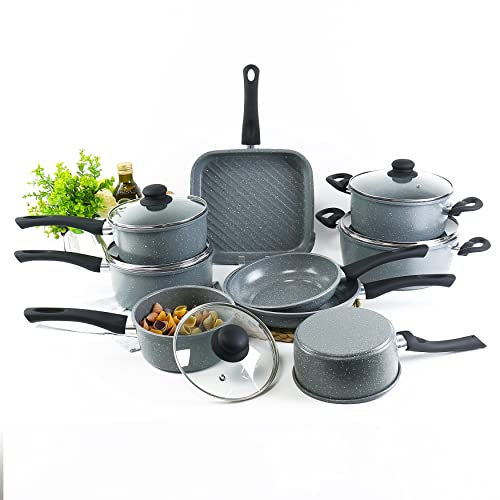 DALEMOOR by URBN-CHEF Carbon Steel Marble Grey Cooking Pots Pans Cookware (18cm Saucepan)