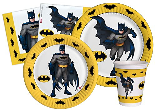 Kit Vajilla de Fiesta Batman para 24 personas (112 pcs: 24 platos Ø23cm, 24 platos Ø18cm, 24 vasos 250ml, 40 servilletas 33x33cm) de papel compostable eco-friendly