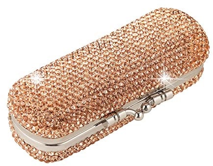 AsAlways Shiny Rhinestone Crystal Portable Lipstick Case with Mirror Portable Bling Diamonds Makeup Cosmetic Storage Holder for Travel Ladies Fashion(Gold)