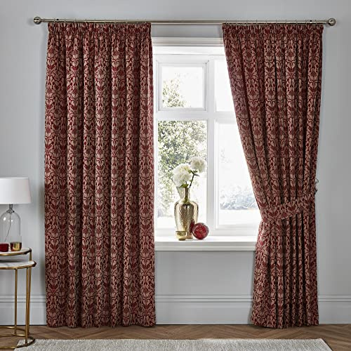 Dreams & Drapes Woven - Hawthorne - Jacquard Pair of Pencil Pleat Curtains With Tie-Backs - 66 Width x 72 Drop (168 x 183cm) in Burgundy