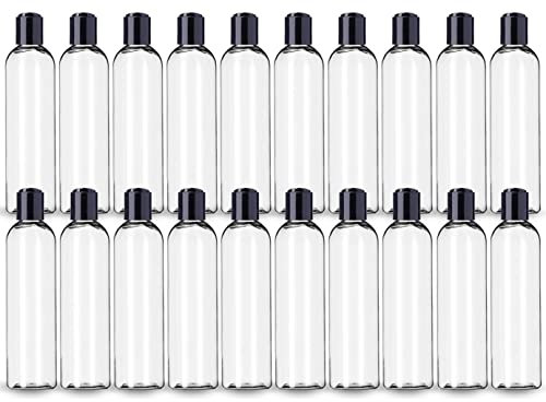 ljdeals Botellas vacías de plástico transparente de 8 onzas con tapas superiores de disco negro, recipientes recargables para champú, lociones, crema y más, paquete de 20, sin BPA, fabricado en