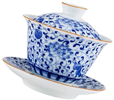 1 Juego Cuenco Cubierto Porcelana Azul y Blanca decoración de Porcelana Azul y Blanca Taza de te sopera China decoración Vintage Taza de té Natural tazón de té sopera Tangzhilian
