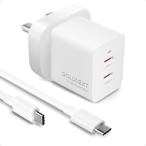 USB C Charge 47W, Dual Port USB C GaN Fast Charger Plug UK PD 3.0 & PPS 33W with 100W 5A Type C Cable for iPhone 16 Pro Max/15 Pro/15/14/13, Macbook Air, Galaxy S24/S23,Pixel (47W-White)