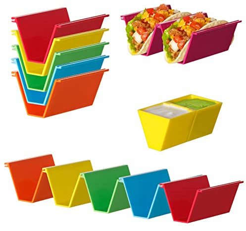Colorful Taco Holder Stands - Set of 12 with 2 Condiment Dishes,Taco Tray Plates for Taco Bar Gifts & Accessories,Large Plastic Stackble&Convenient Taco Shell Rack,BPA-Free, Dishwasher&Microwave Safe