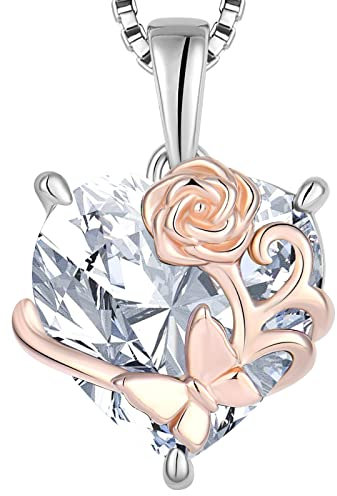 YL Collier Rosé Cœur Argent 925 taillé Avril Pierres de Naissance Oxyde de Zirconium Papillon Pendentif pour Femme