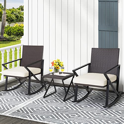 GIANTEX Rattan Schaukelstuhl Set, 3 TLG. Gartenmöbel Set mit 1 Couchtisch & 2 Schaukelstühle, Balkonmöbel Set Balkon 2 Personen, inkl. Kissen, Terrassenmöbel Sitzgarnitur Gartengarnitur Sitzgruppe