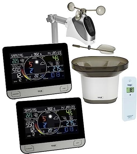 TFA Dostmann Station météo Wi-Fi View PRO 35.8003.Plus avec 2 écrans couleur, capteur extérieur vent/température/humidité, avec pluviomètre, pression atmosphérique, application et prévisions