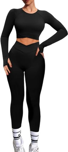 Navneet Women Gym Set 2 Piece Outfits Workout Set Crossover Long Sleeve Gym Tops Ruched Leggings Yoga Tracksuit Set Black L