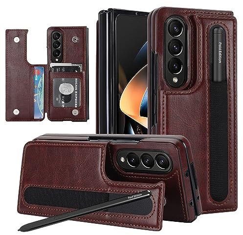 XIMAND for Samsung Galaxy Z Fold 4 Wallet Case with Credit Card Holder and S-Pen Holder,Fold Premium Leather Magnetic Clasp Kickstand Heavy Duty Protective Cover.(Brown)