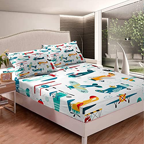 Loussiesd Flugzeug Spannbettlaken 90x200cm Jungen Teenager Hubschrauber Druck Spannbetttuch Flugzeug Fliegendes Bettlaken-Set Jugendliche Kinderzimmer Dekor Spannbettlaken mit 1 Kissenbezügen, Buntes