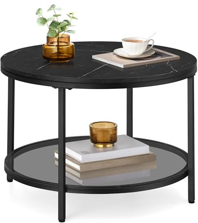 VASAGLE Coffee Table, Living Room Table, Sofa Cocktail Table Faux Marble Round, Tempered Glass Storage Shelf, Easy to Assemble, Modern Style, for Living Room, Marble Black and Ink Black LCT072B58