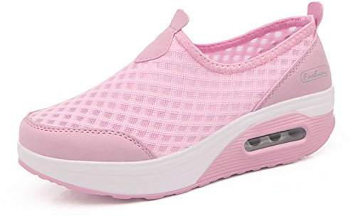 FAZEU Damen Laufschuhe Schlankheitsschuhe Plateauschuhe atmungsaktiv Luftgewicht leicht elastisch Sport Laufen Yoga Tennis zum Überziehen Sportschuh Netzstoff flach Sommer, Rosa 1, 35 EU