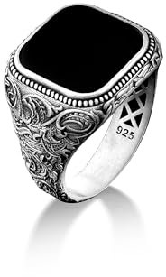 BySilverStone Jewelry Viktorianischer Ring Mit Flachem Oberteil Und Schwarzem Onyx, Onyx-Siegelring Aus 925Er Sterlingsilber Für Männer, Onyx-Herrenring Im Antiken Stil