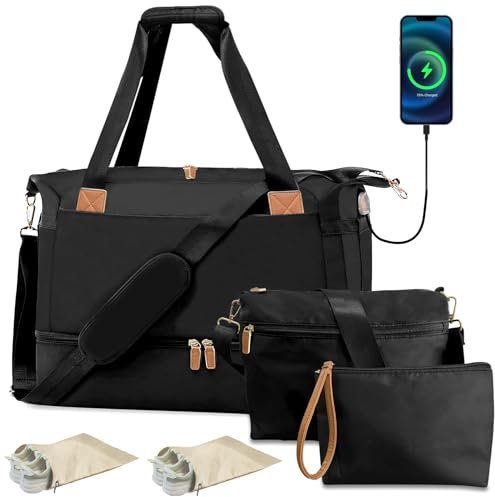 Sporttasche Damen,Sporttasche Herren,Gymbag Reisetasche für Frauen und Männer Fitness Tasche Herren,Sportbeutel mit USB-Ladeanschluss,Weekender Insgesamt 7 Piece Set-Schwarz