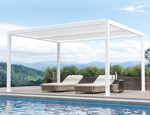 PURPLE LEAF Pergola 3.65 x 4.8 m Terrassenüberdachung Freistehend Verstellbaren Aluminium-Lamellen Wasserdicht Stabil Winterfest Hardtop Pavillon mit Lamellendach, Weiß