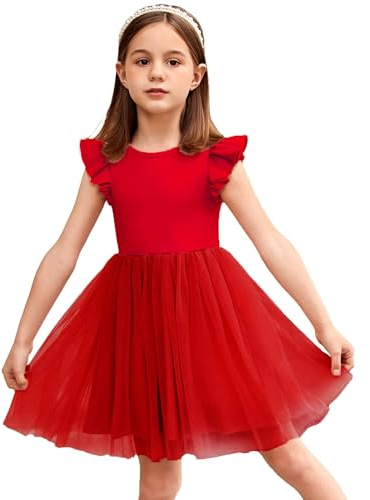 Robe de Soirée Arshiner pour Fille - Rouge à Manches à Volants - Robe d'Été et de Fête - Tulle - Col Rond - 5-6 Ans