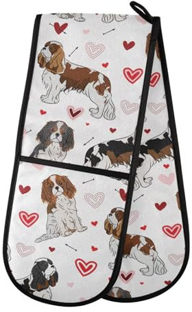Double Oven Gloves Cavalier King Charles Dog Heart Heat Resistant Pot Holder Oven Mitt Gloves for BBQ Cooking Baking Grilling Microwave