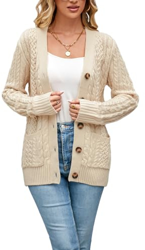 Womens Cardigan Sweaters Cable Knit Sweater 2025 Fall Winter Chunky Open Front Button Down Coats with Pockets, Beige, UK 16-18