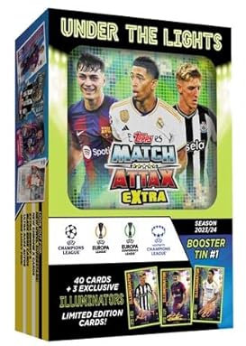 Topps Champions League Match Attax EXTRA 2023/24-1x Booster Tin 1 Under The Lights Booster Tin Illuminators (inkl. 3 Illuminator Limited Edition Cards)