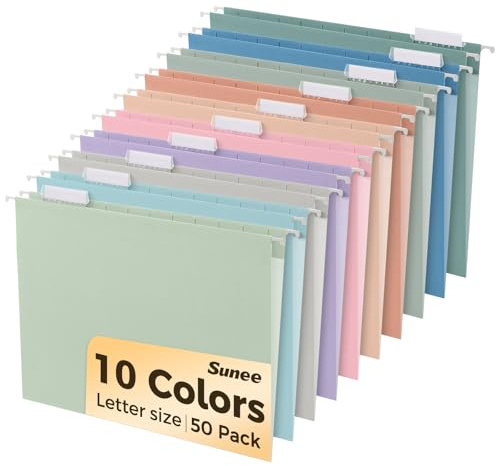 SUNEE Hanging File Folders, 50 Pack Letter Size Hanging File Folders with 1/5-cut Tabs, Stay Organized for Your Home and Office Bulk File, Documents and Paper, 10 Pastel Colors