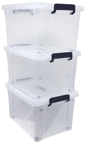 BARGAIN FACTORY 3 x Clear Plastic Storage Container Large Boxes With Lids, Closing Clips and Wheels 43L Integrated Handles Stackable BPA Free Box For Bedroom Office Living Room Kitchen