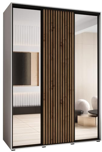MEBLE KRYSPOL Lanko 2 Schrank mit DREI Schiebetüren mit Spiegel, Stange, Regalen - Moderner Aufbewahrungsschrank für Schlafzimmer, Wohnzimmer - 235,2x170x60 cm - Weiß Artisan Schwarz