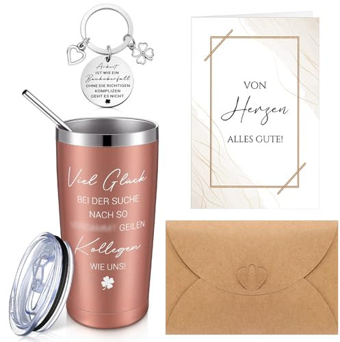 Blulu Kollegen Geschenkset Kollegin Abschiedsgeschenk inklusive 20 oz Edelstahl Thermobecher Schlüsselanhänger mit Karte und Umschlag Lustige Geschenk für Jobwechsel Geburtstag Abschiedsfeier