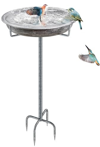 KHayRovies Metall-Vogeltränke, 91,9 cm hoch, freistehend mit 4 Zinken und Bodenpfahl, für Garten, Hof, Rasen, Retro-Silber, dekorativ und wetterfest.